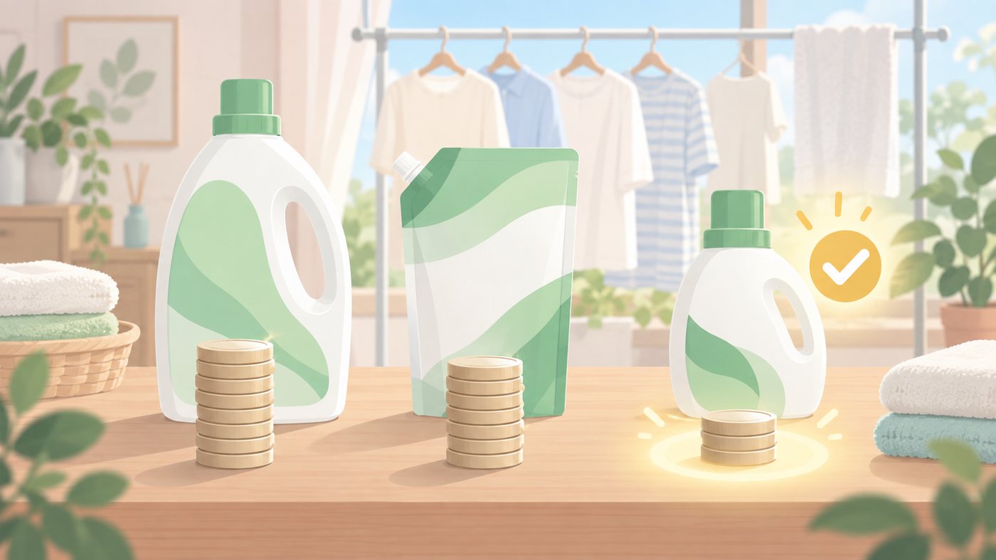 液体洗濯洗剤の詰め替え容量を比べる様子