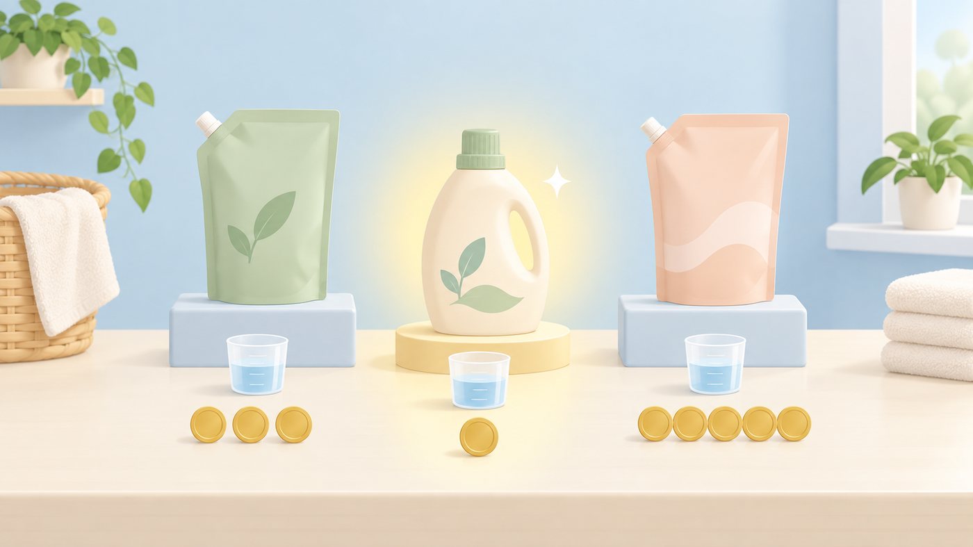 洗濯洗剤の詰め替えパックを比べる様子