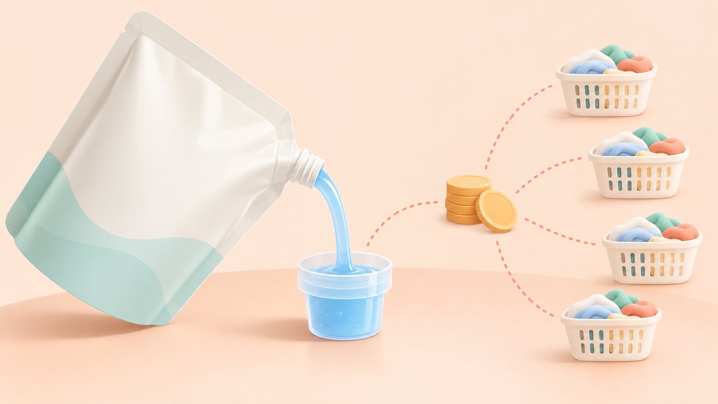 洗濯洗剤の詰替用の袋が並ぶイラスト