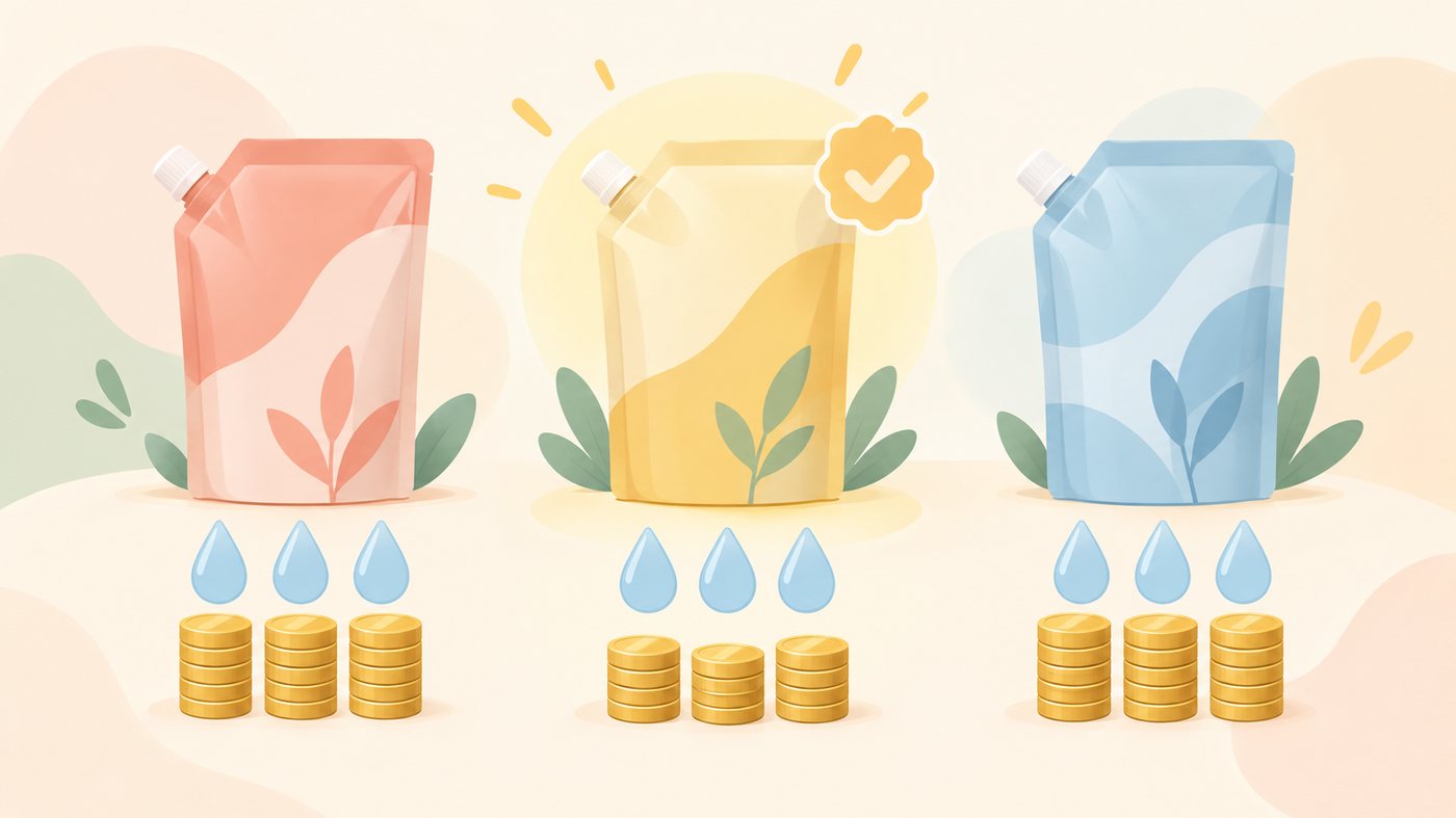 詰め替え袋の総量を計算するイラスト