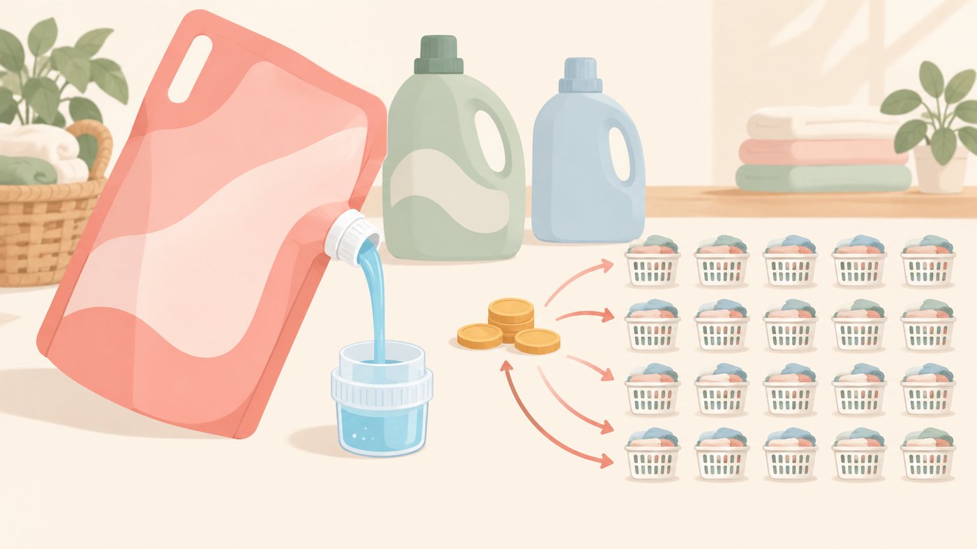 洗濯洗剤の本体ボトルとつめかえパックが並ぶイラスト