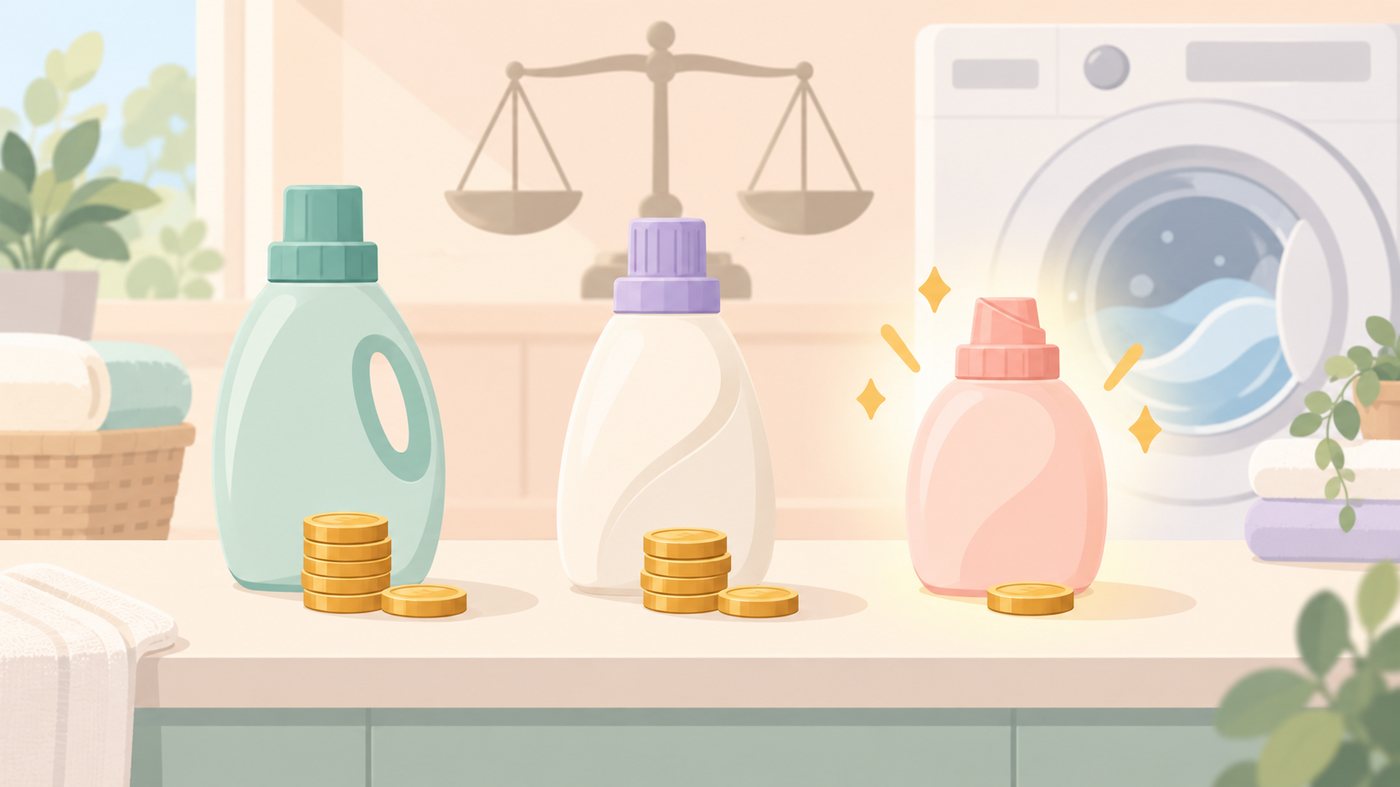 容量の違う洗濯洗剤を1gあたりに割り戻して比べるイラスト