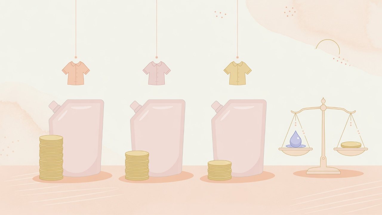 容量の違う詰め替え袋を棚に分けて置くイラスト