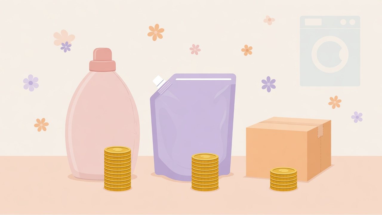 洗濯機の横に詰め替え用の洗剤が並ぶイラスト