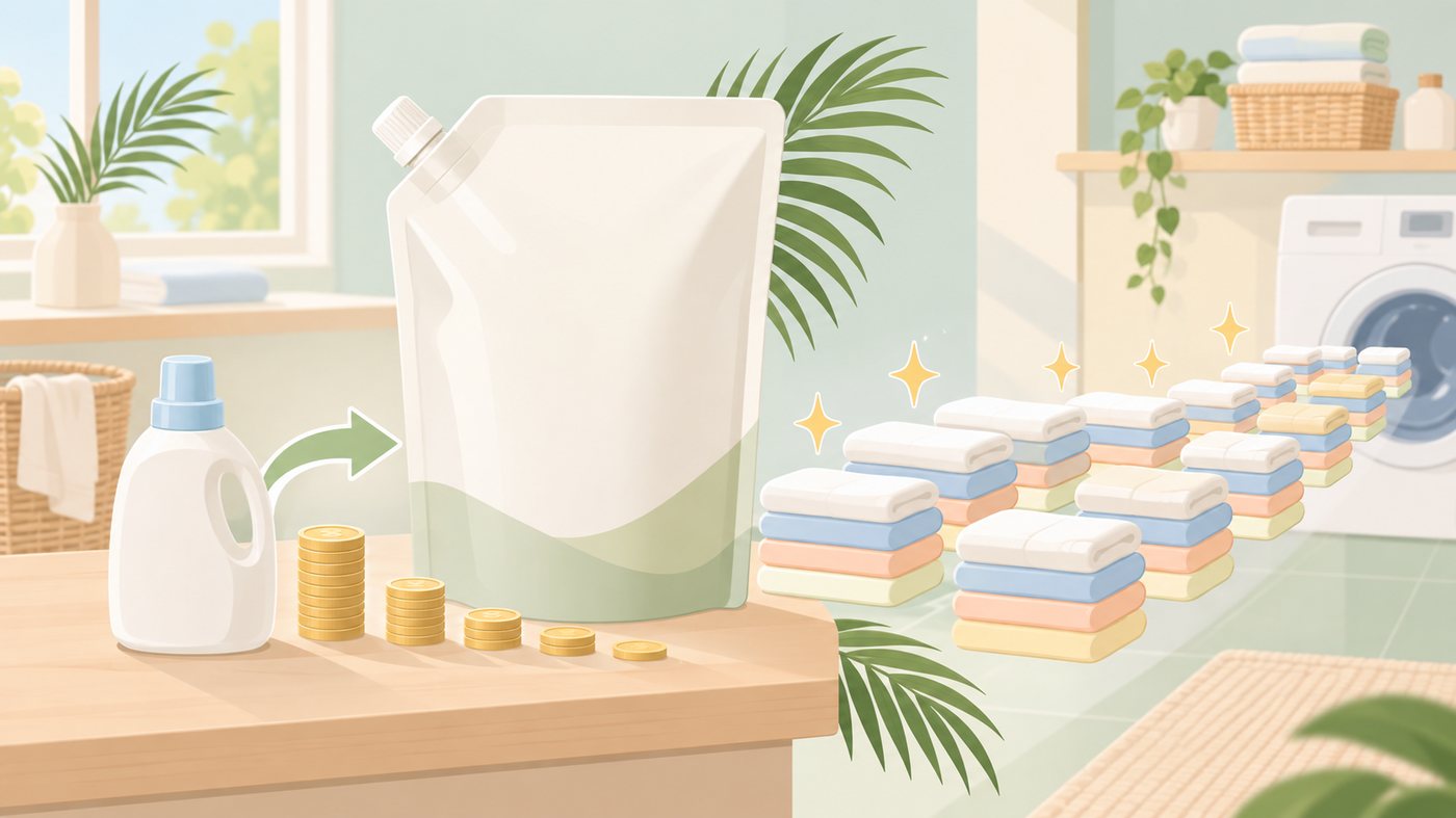 洗濯洗剤の詰め替え袋が並んだイラスト