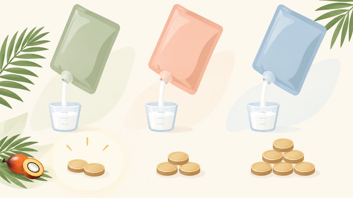 洗濯洗剤の袋と1gあたりの単価を比べるイラスト