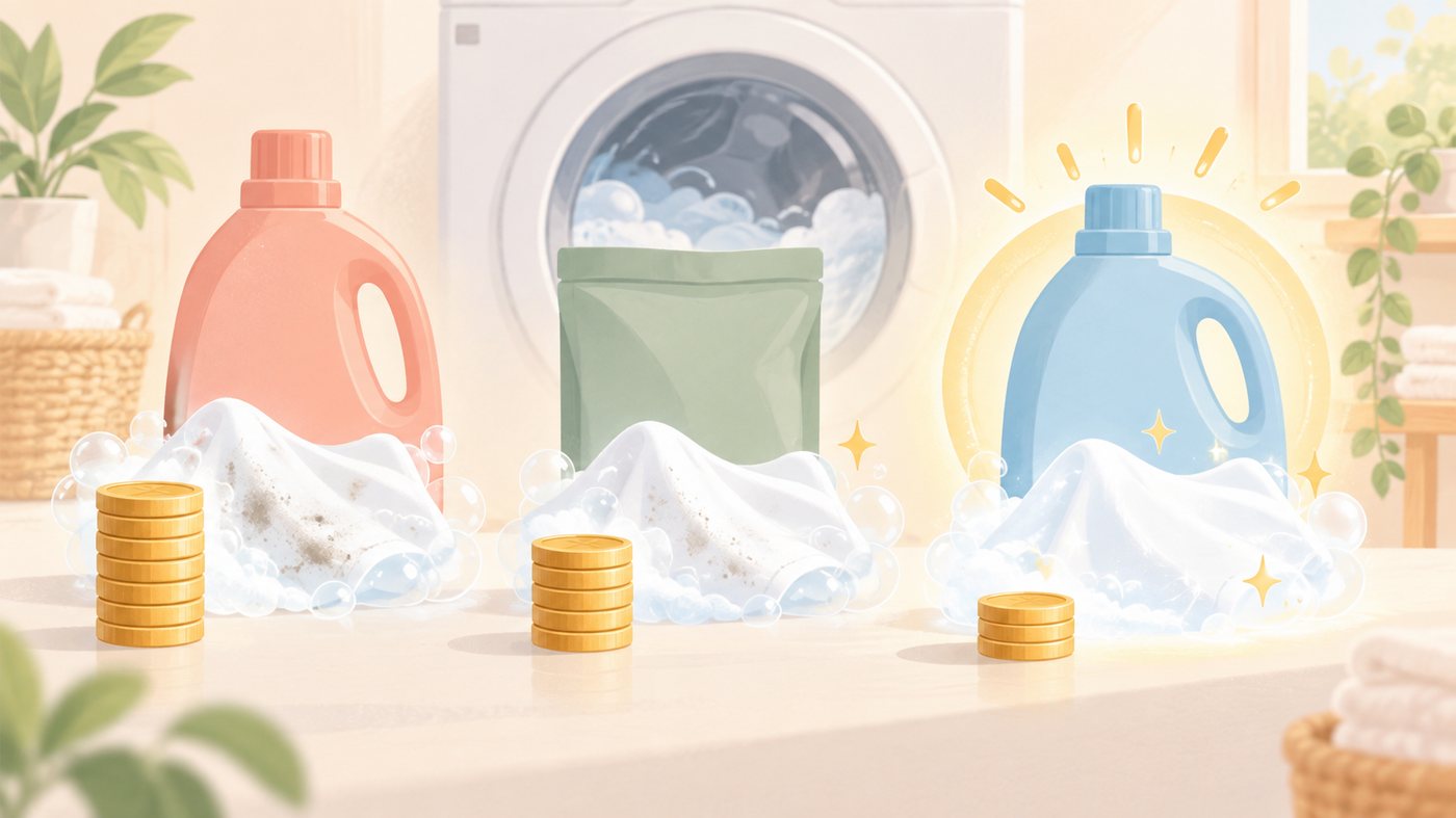 袋の大きさが違う洗剤を1gあたりに割り戻すイラスト