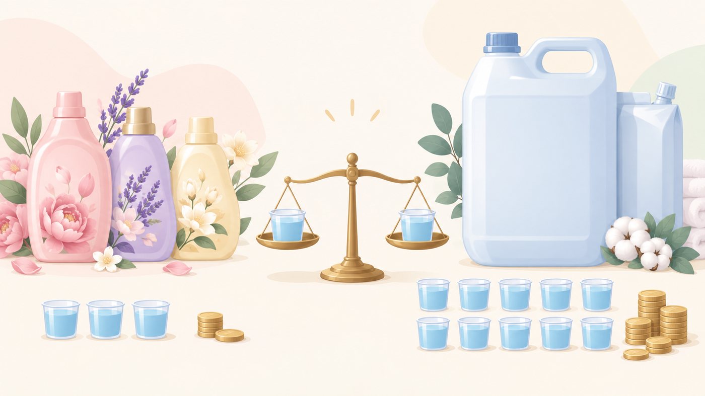 大容量と業務用の柔軟剤を荷姿ごとに比べるイラスト