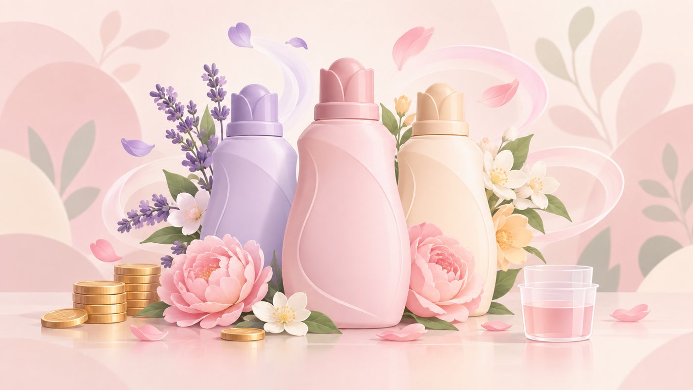 柔軟剤の内容量と入数から単価を計算するイラスト
