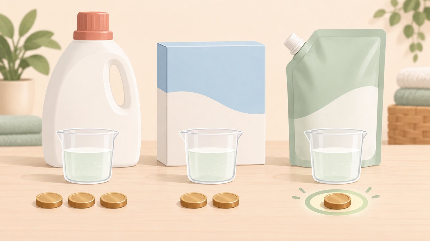 洗濯洗剤の内容量と入数から1g単価を見るイラスト