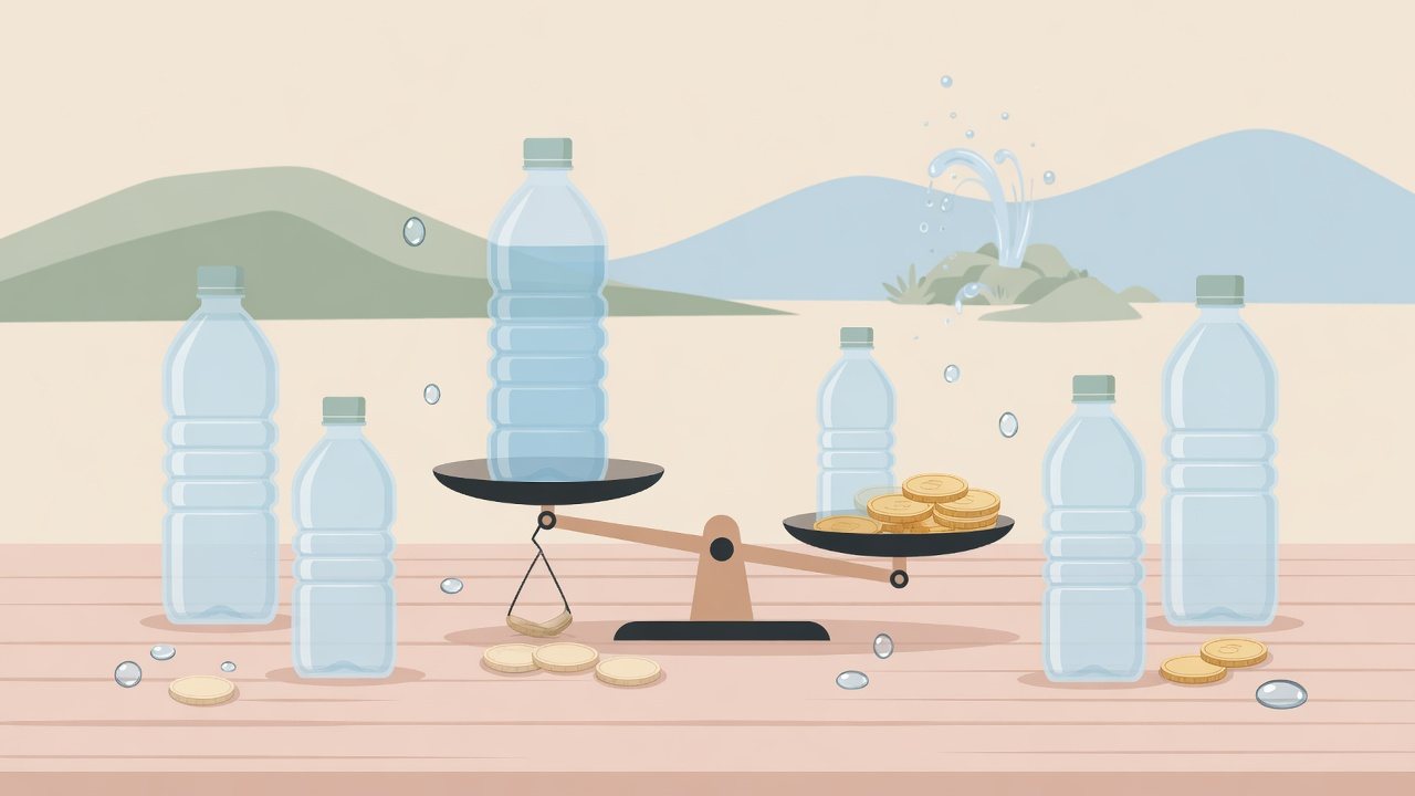 2Lと小型ペットボトルの天然水を分けるイラスト