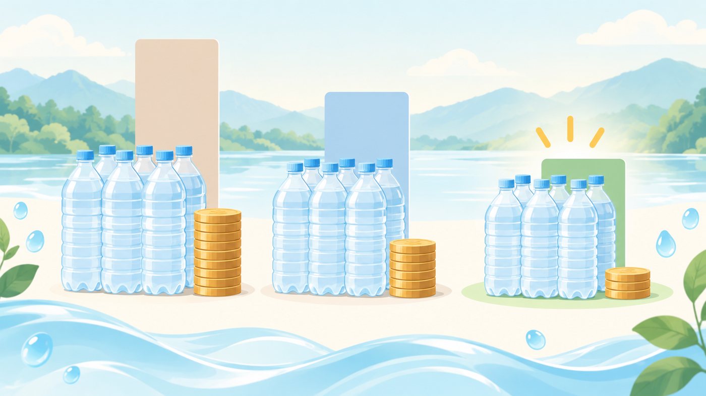 2Lのペットボトルが入った箱を積み上げたイラスト