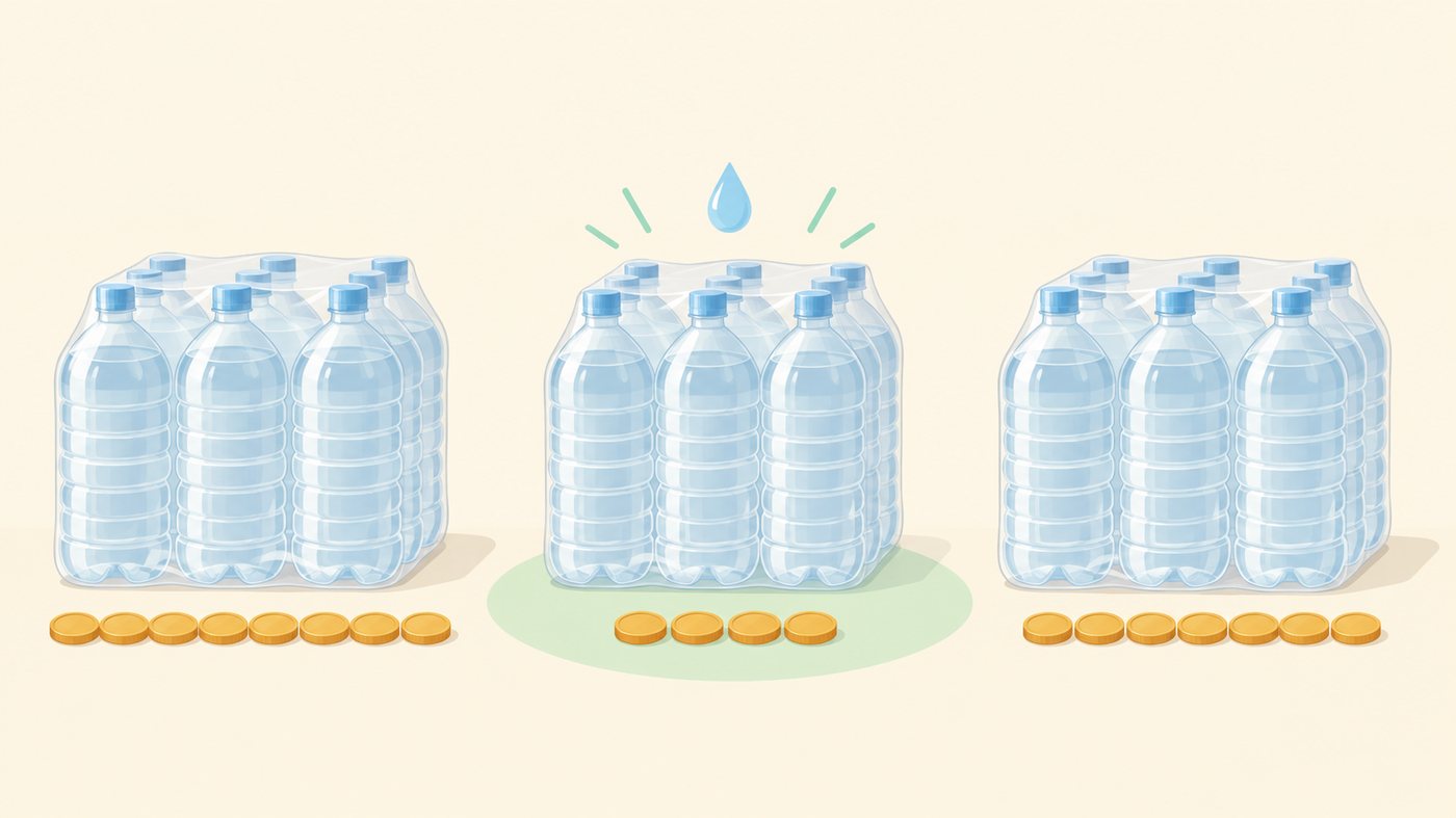 2Lのペットボトルの単価を比べるイラスト