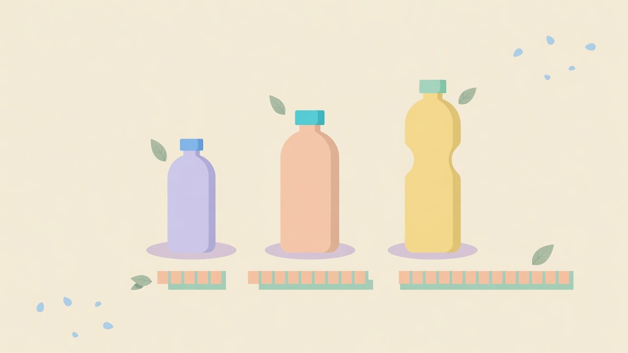容量の異なる天然水ボトルを1mlあたりで比べるイラスト
