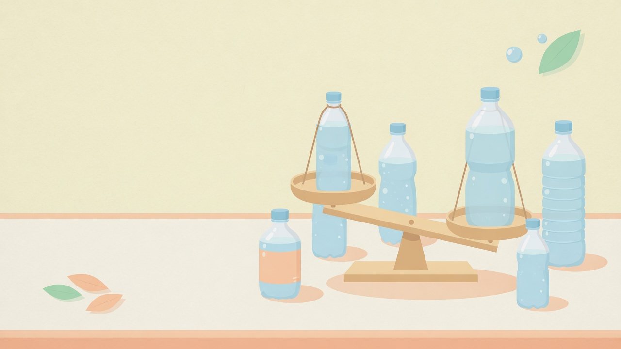 天然水の価格を入数と内容量で割るイラスト