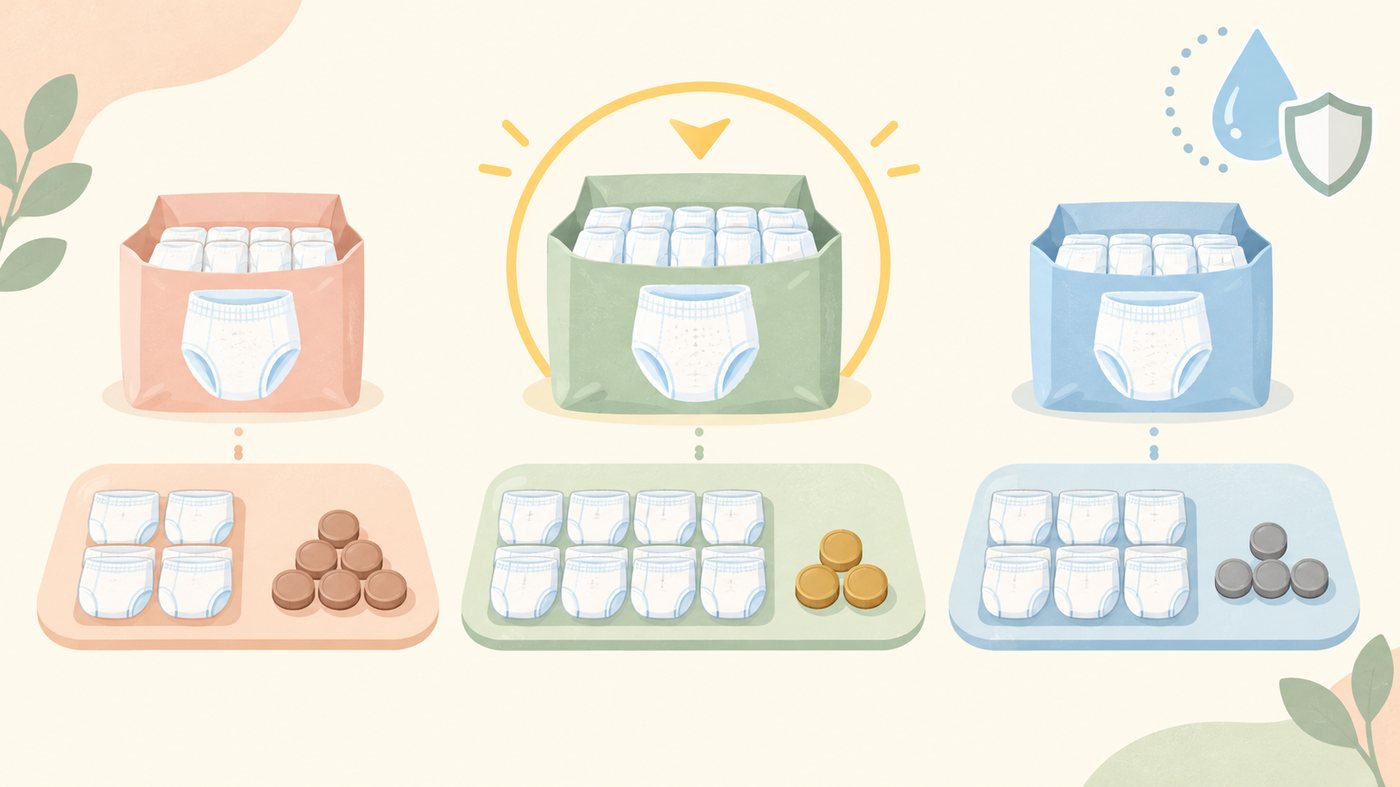 紙パンツの袋と1枚あたりの計算を示すイラスト