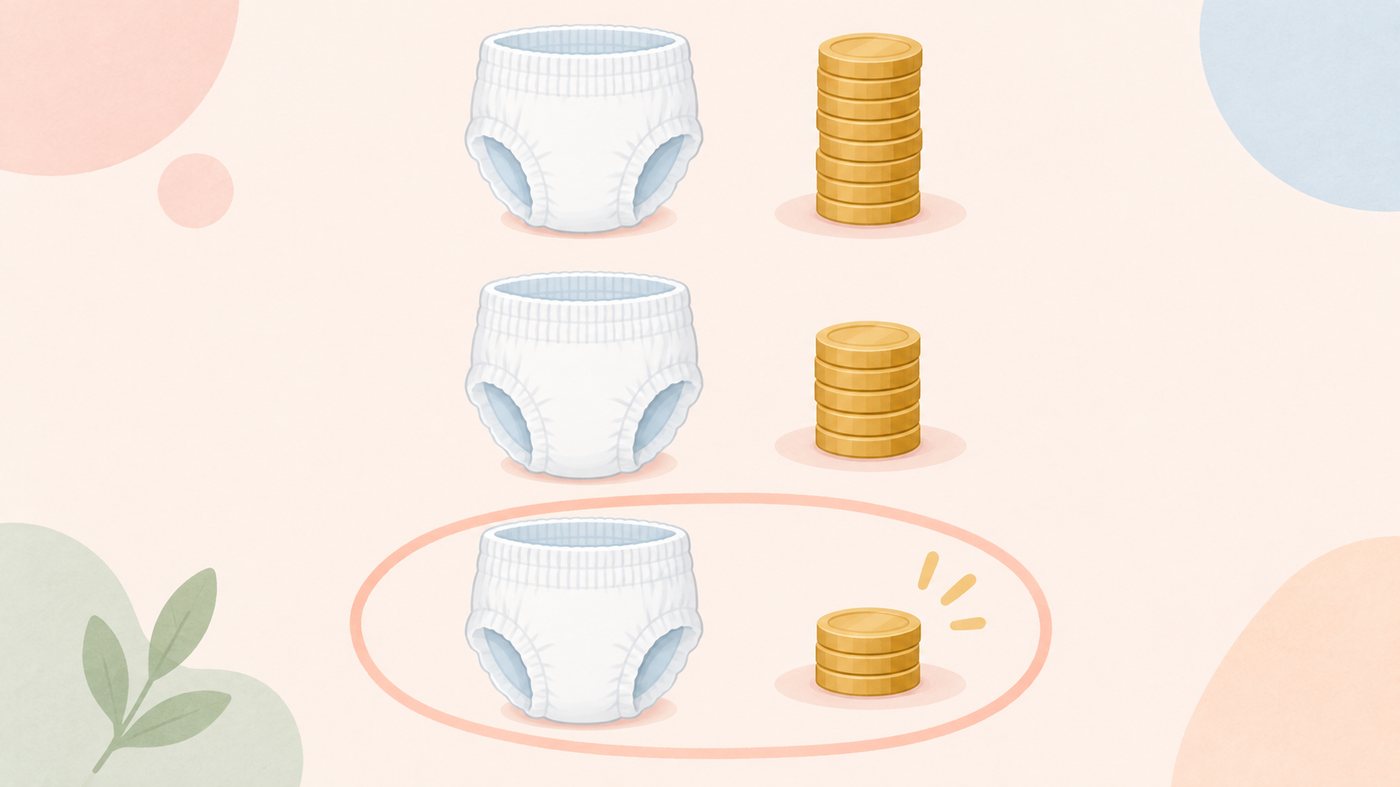 枚数の違う紙パンツの袋を並べて比べるイラスト
