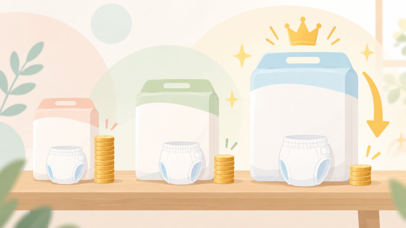 パンパースのパンツタイプおむつを1枚あたりで比べるイラスト