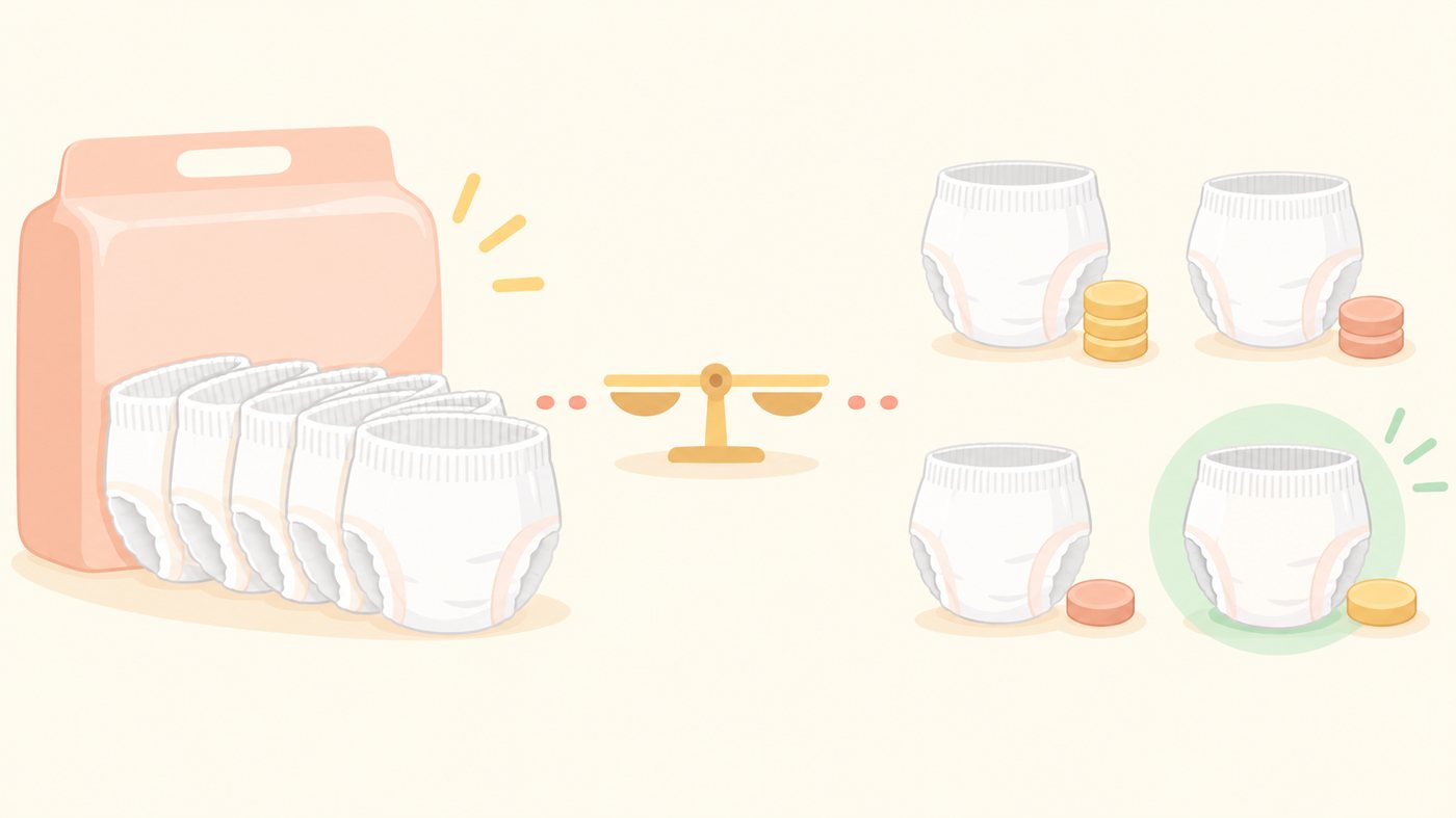パンパースの入り枚数から1枚あたりを計算するイラスト