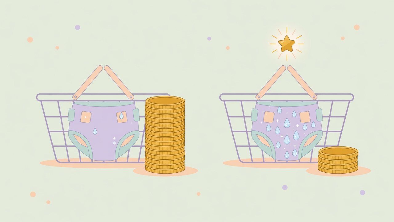 夜用系1袋とまとめ買いの尿とりパッドを分けて並べるイラスト