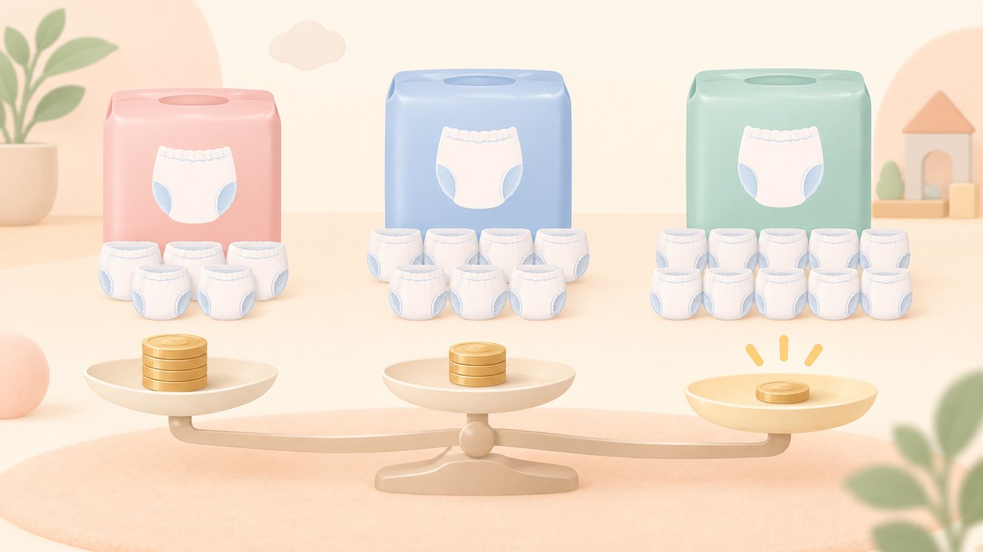 パンツタイプおむつの袋をまとめて棚に置いているイラスト