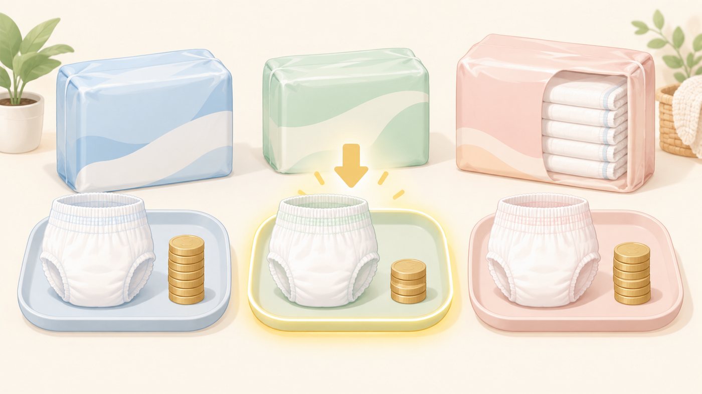 棚に紙パンツの袋を並べて置き場所を数えるイラスト
