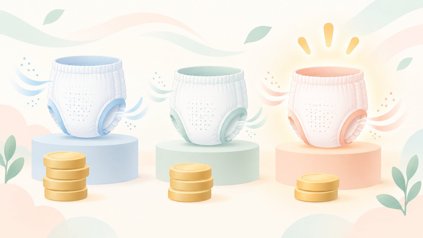 パンツタイプおむつの袋と1枚あたりの単価を比べるイラスト