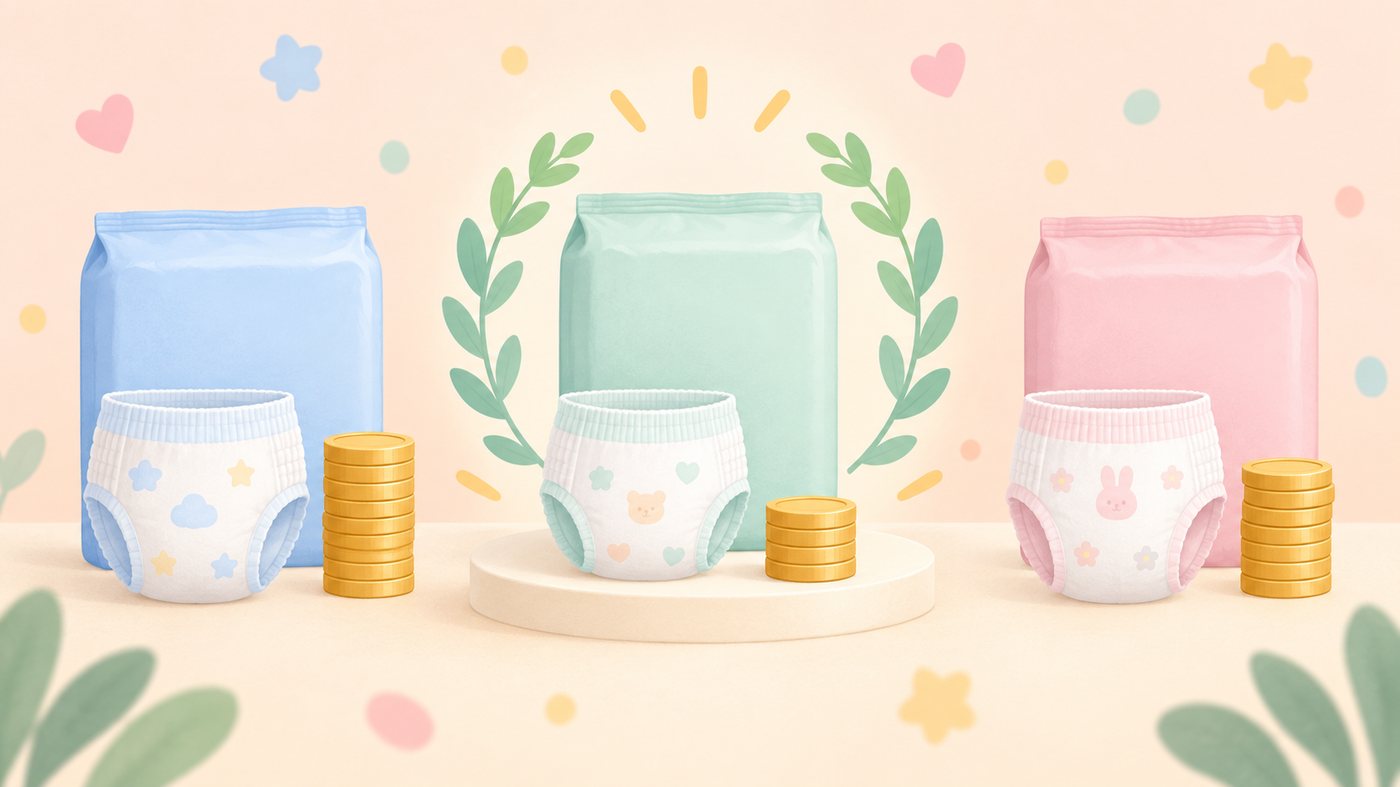おむつの袋数と枚数から1枚あたりを計算するイラスト