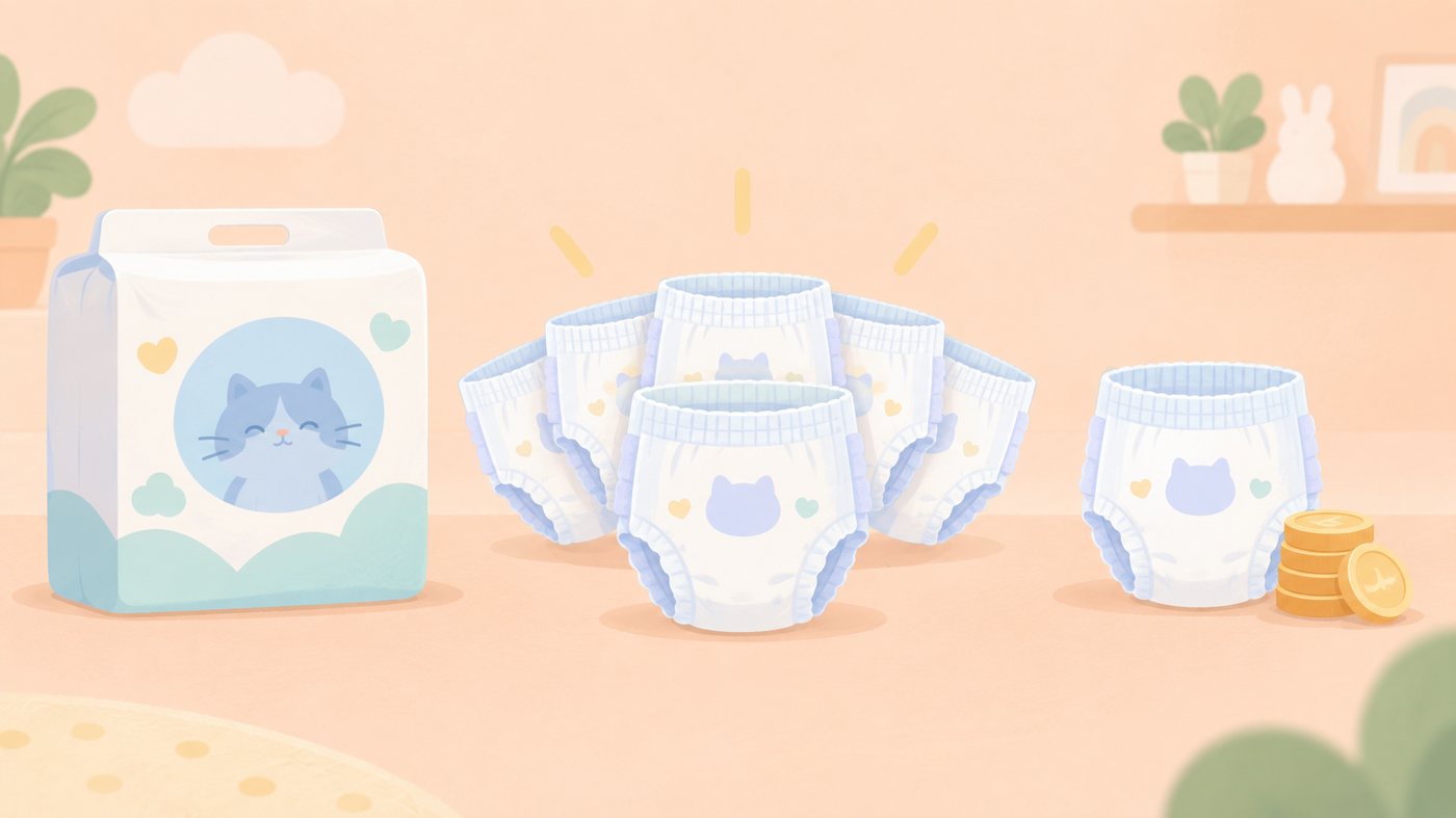 おむつの袋の枚数から1枚あたりを計算するイラスト