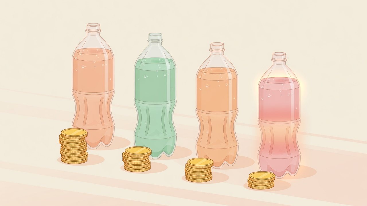 2Lペットボトル飲料とケースを並べたイラスト