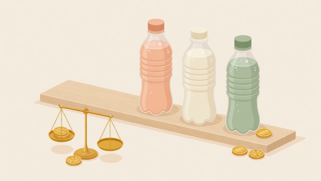 メーカーごとのペットボトル銘柄を見分けるイラスト