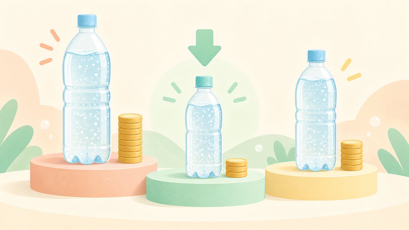 強炭酸水の500ml前後と約1Lのペットボトルを比べるイラスト