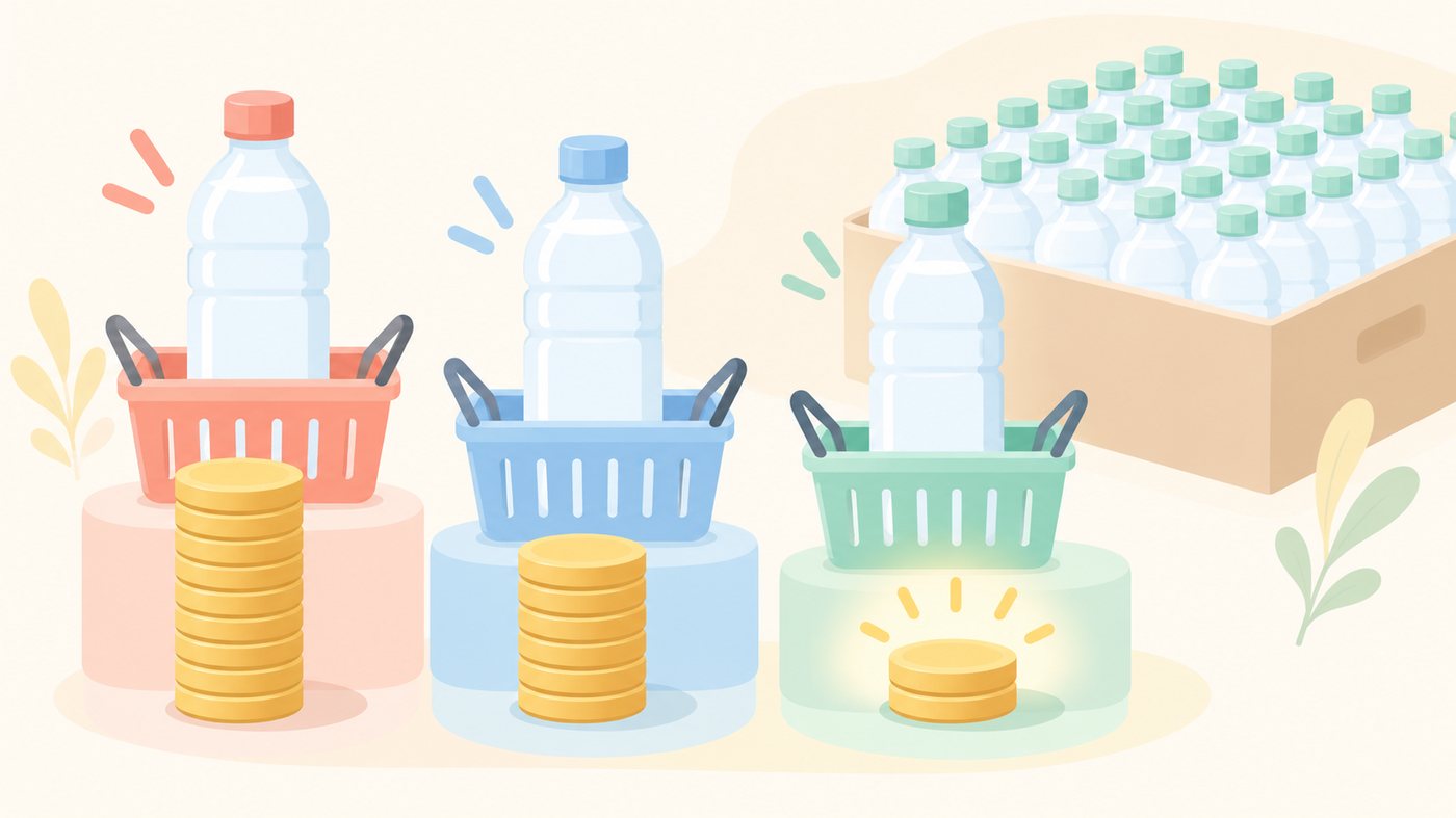 1本の容量で価格を割って単価を出すイラスト