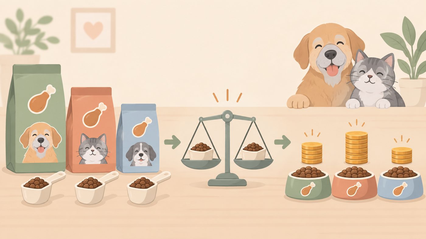 犬用と猫用のドライフードを分けて選ぶイメージ