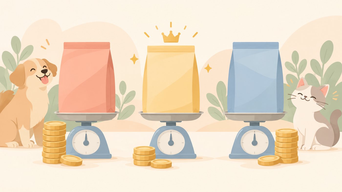 ドッグフードの袋と角切りおやつを1gあたりで比べるイラスト