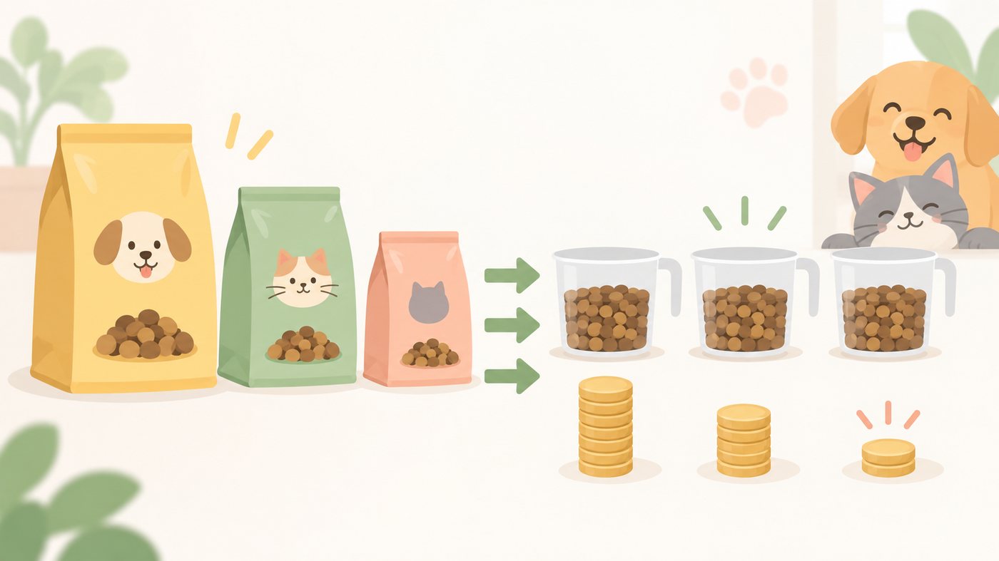 かつお節入りのウェットフードを前にした猫のイラスト