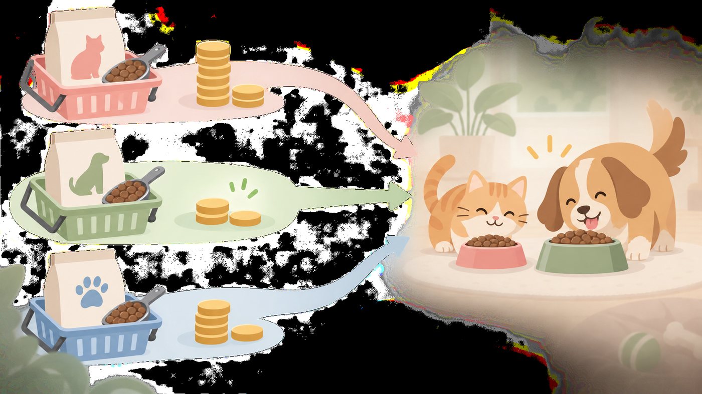 缶とパウチを1gあたりの単価で並べ替えるイラスト