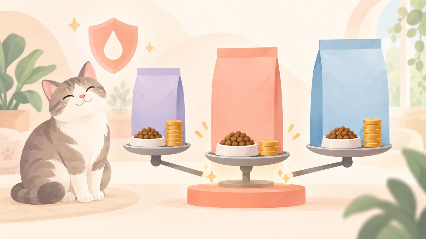 水皿のそばでフードを食べる猫のイラスト