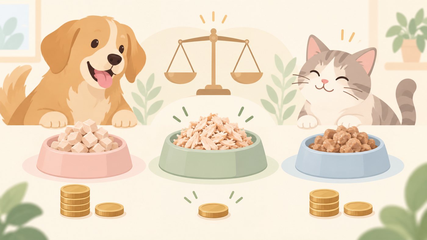 猫用と犬用、形態別にペットフードを分けるイメージ