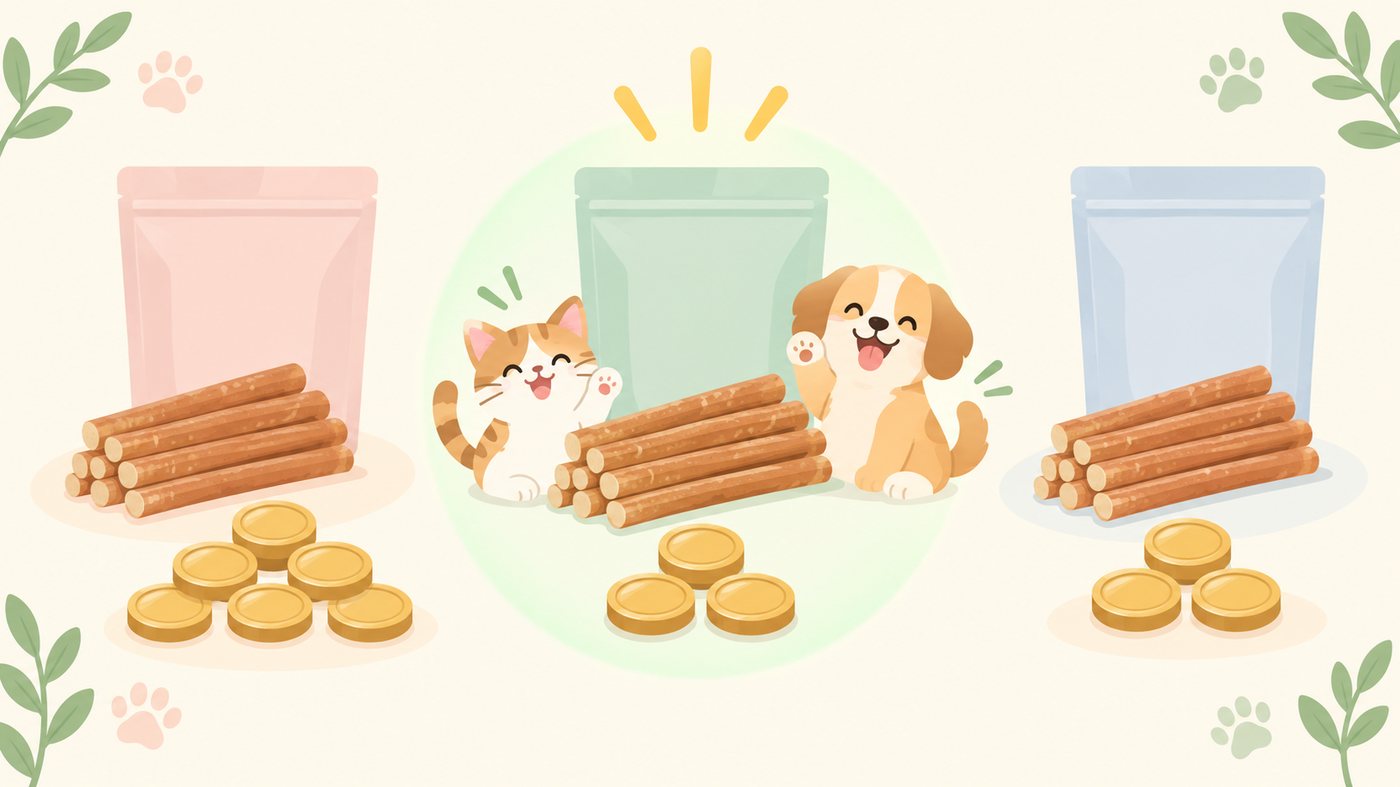 スティック状のおやつを1gあたりの単価で比べるイラスト