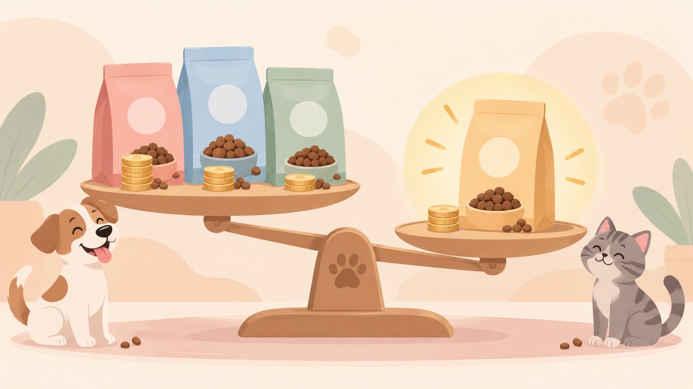 猫のフードの袋と小分けパックが並ぶイラスト