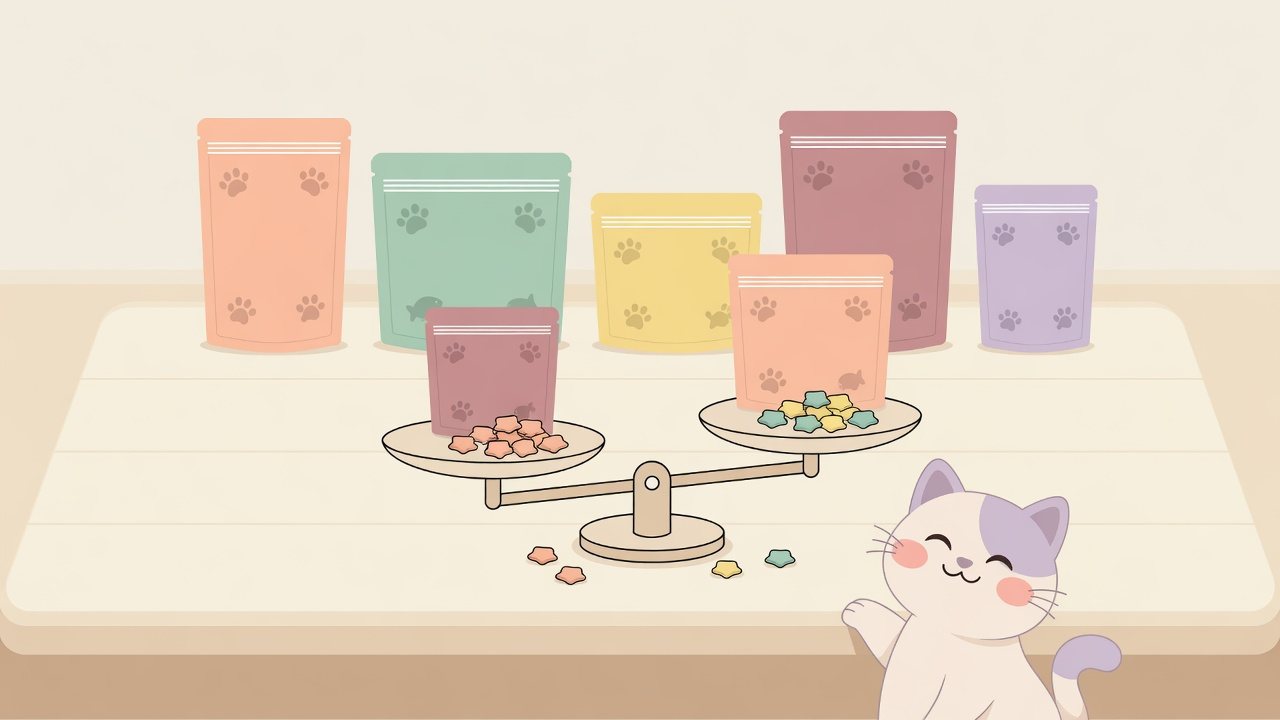 猫用フードの小袋を入数別に並べたイラスト