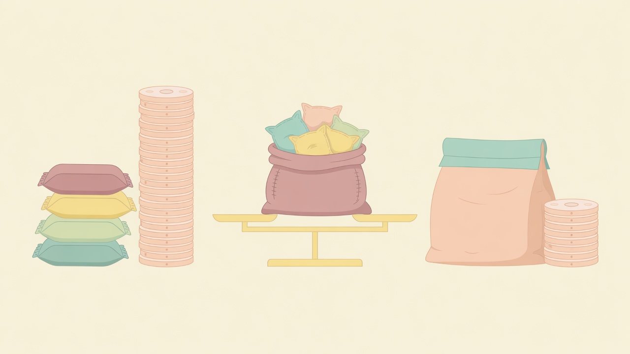 小袋の容量と個数を掛け合わせて比べるイラスト