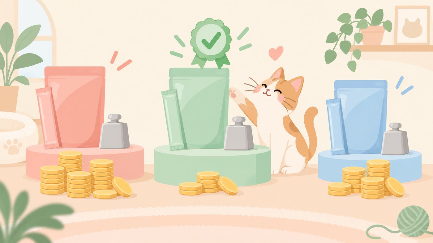 猫用主食、犬用主食、猫用おやつを分けて比べるイメージ