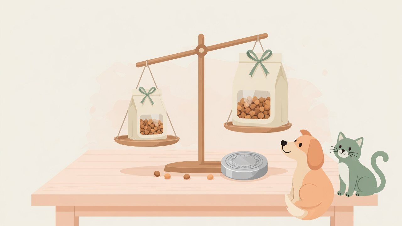 大きさの違うフードの袋と缶詰のそばに座る犬のイラスト