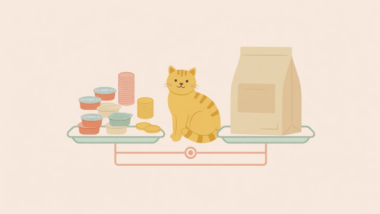 ペットフードの缶を並べて単価を比べるイラスト
