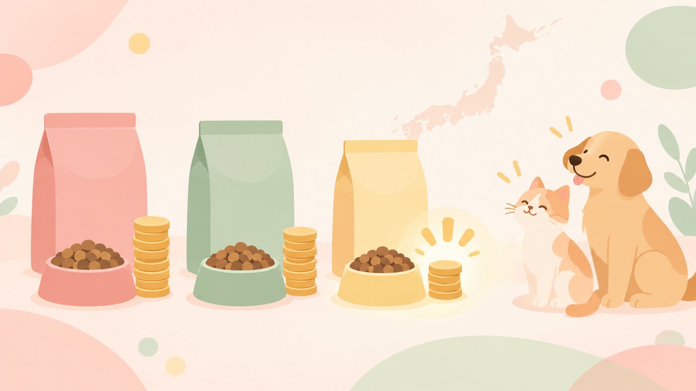国産品のペットフードを単価で比べるイメージ