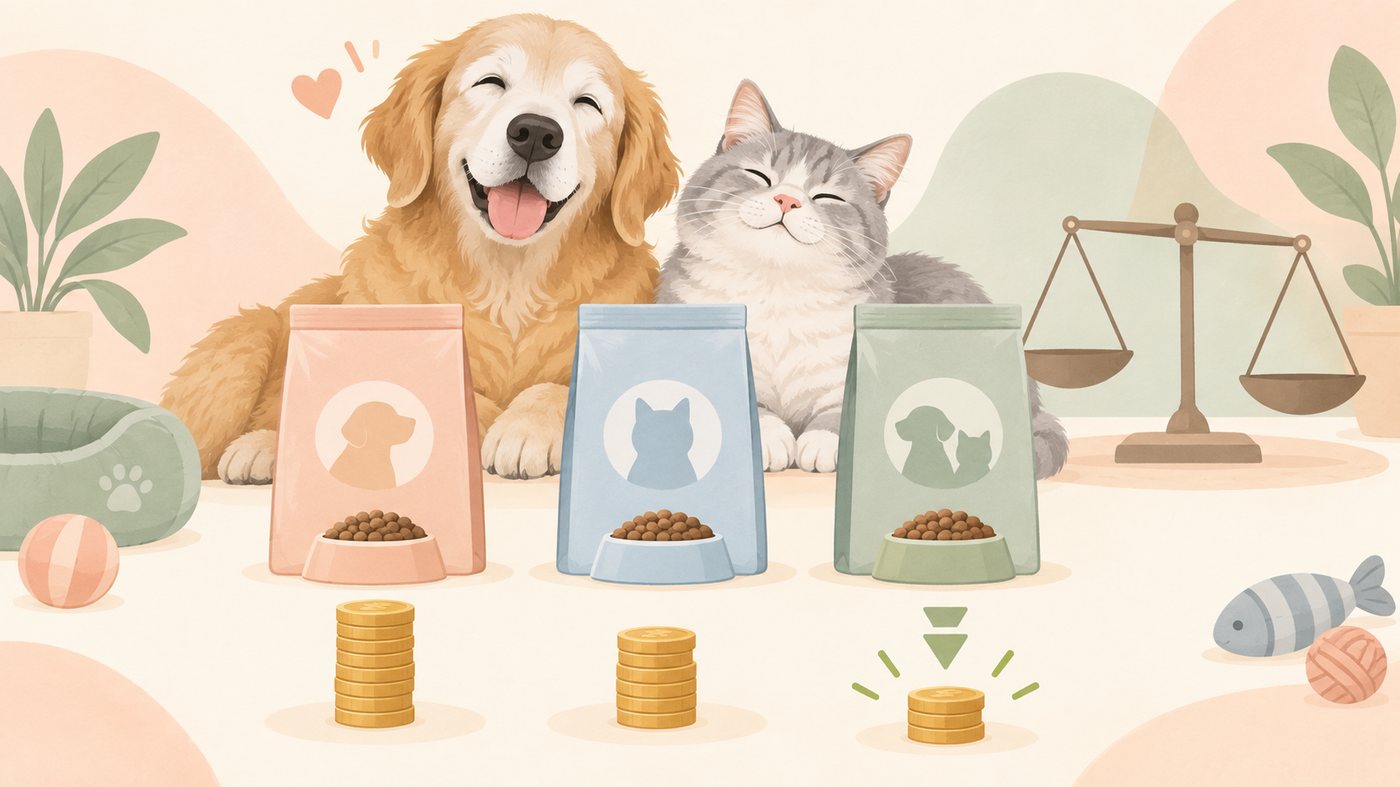 いろいろな味のおやつが並ぶそばでくつろぐ猫のイラスト