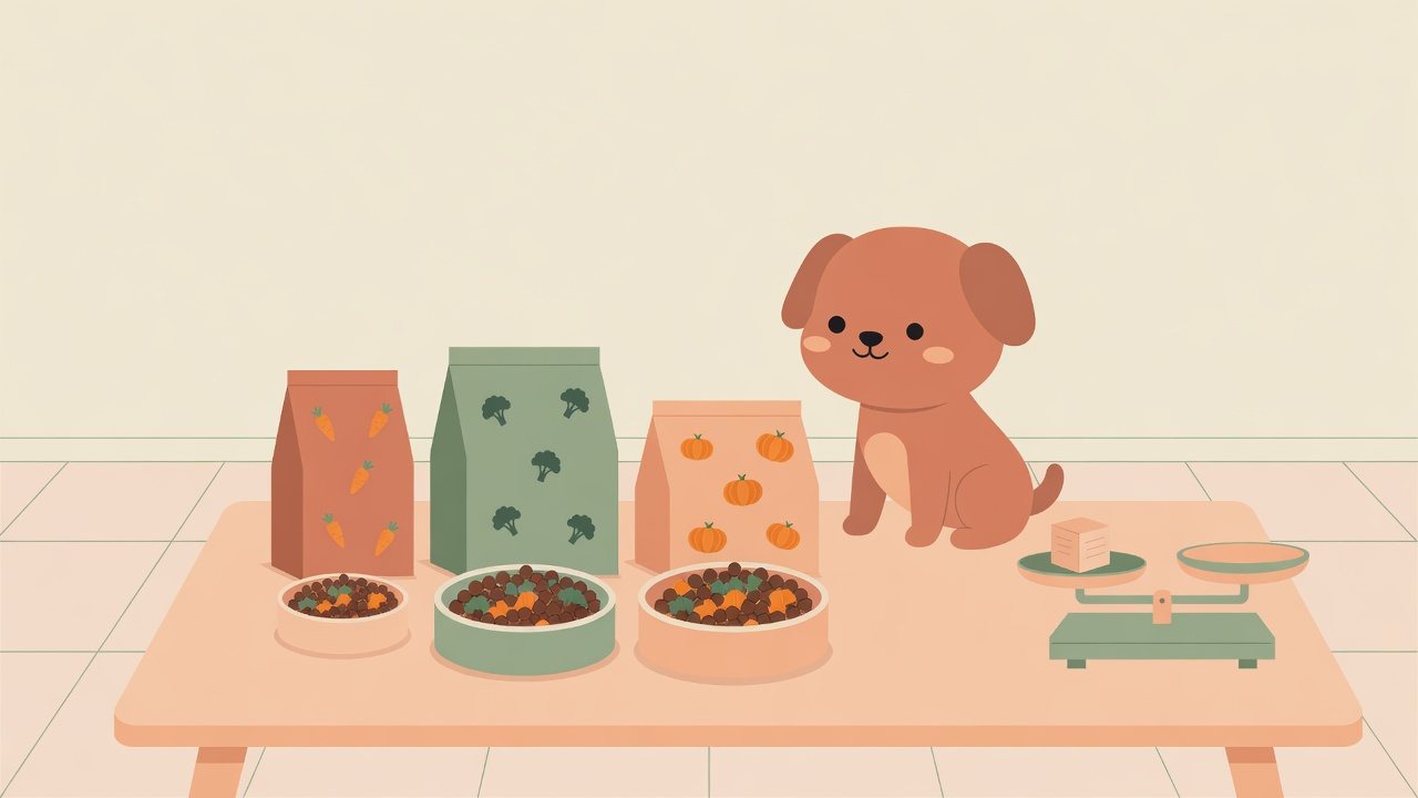 野菜入りの犬用フードを1gあたりで比べるイラスト