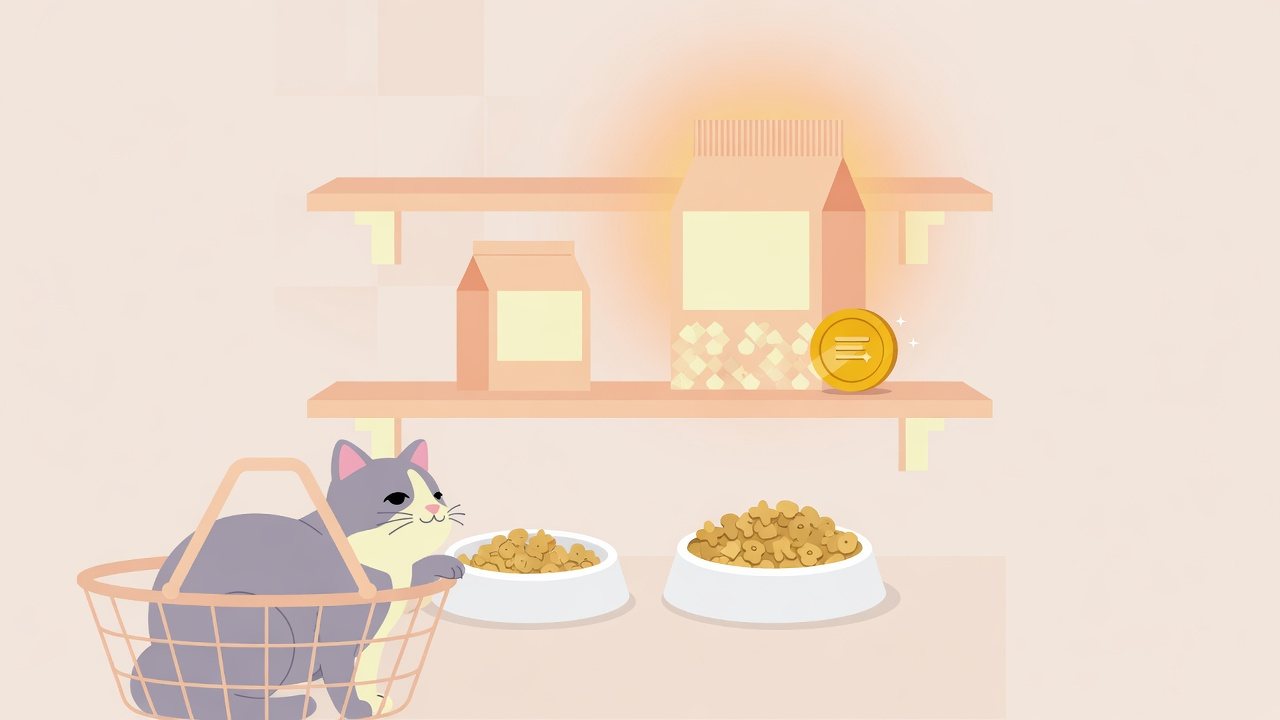 大きなフード袋のそばでくつろぐ猫のイラスト